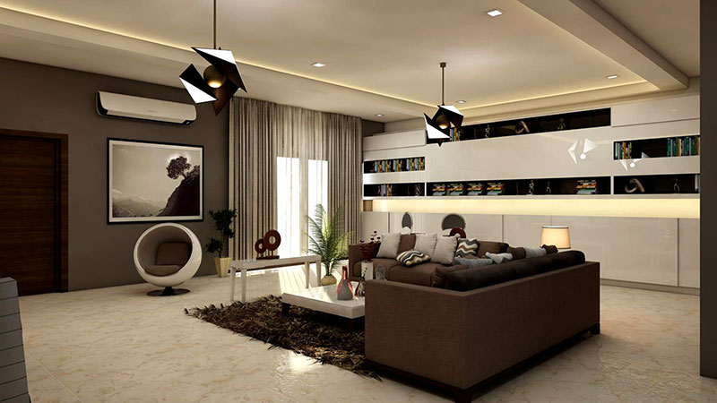 Projects rectangular white coffee table near brown leather sofa